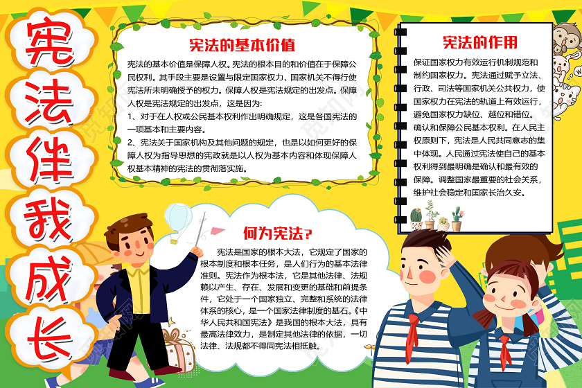 黄色卡通宪法伴我成长宪法精神国家宪法日小报手抄报word模板