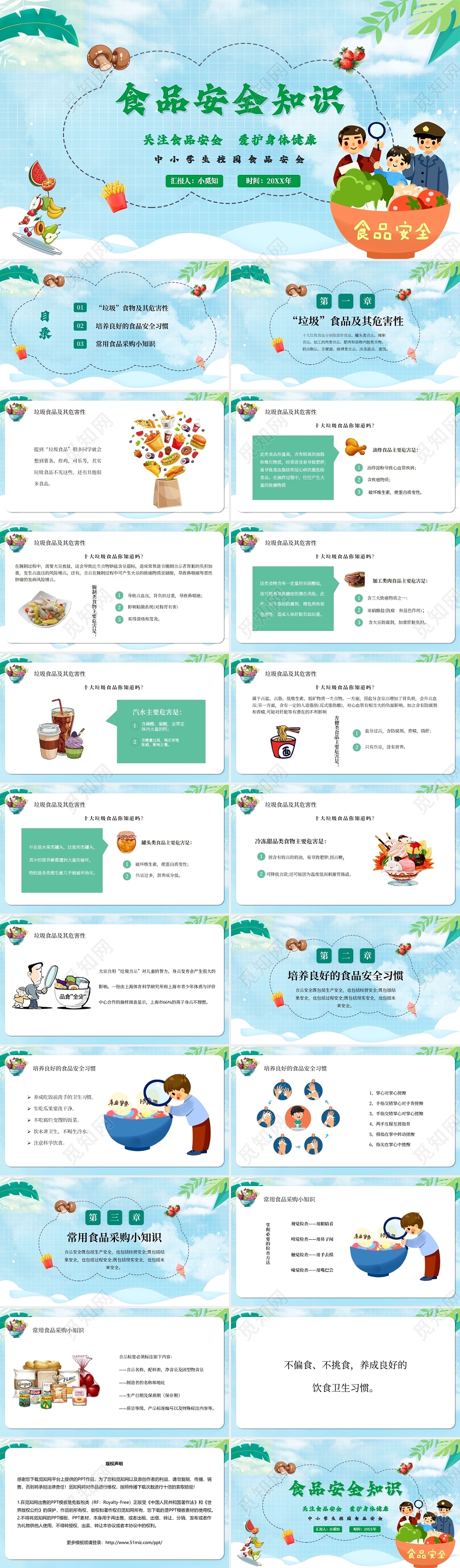 小清新食品安全知识关注食品安全爱护身体健康主题PPT模板