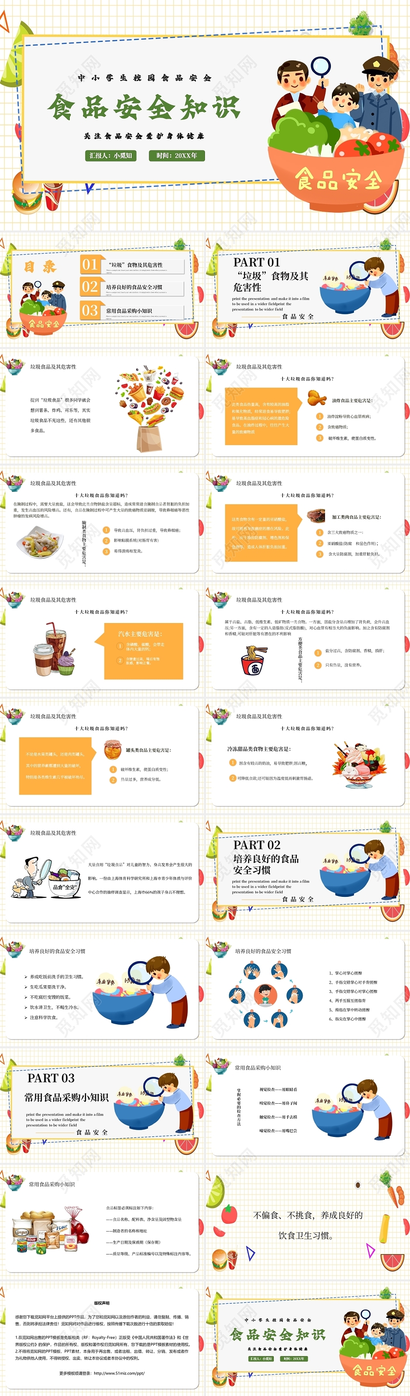 简约卡通食品安全知识中小学生校园食品安全主题PPT模板