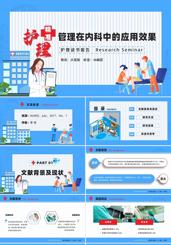 蓝色卡通风精准护理管理内科中的应用效果读书报告PPT模板