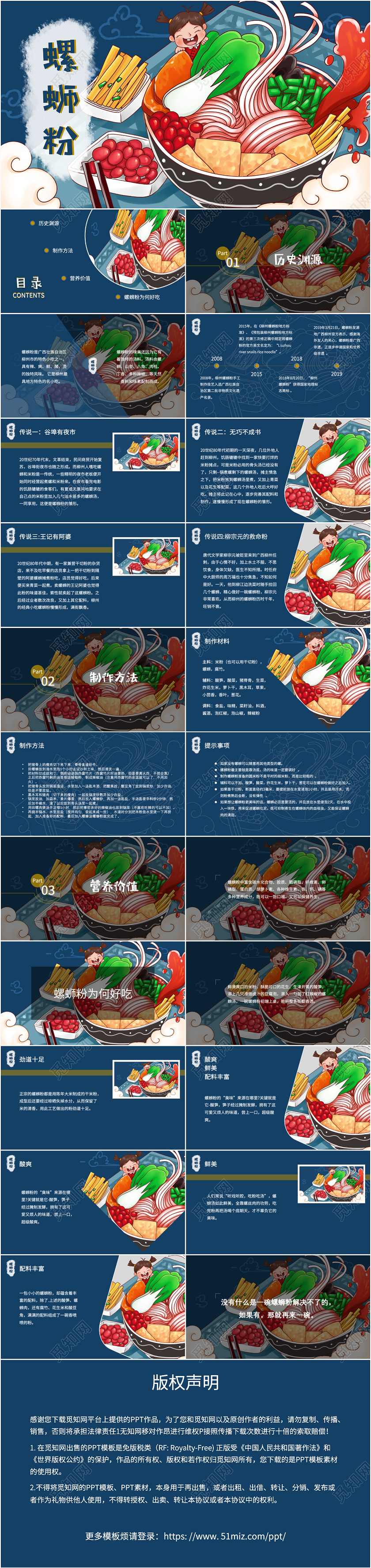 蓝色卡通插画风螺蛳粉美食餐饮推广PPT模板