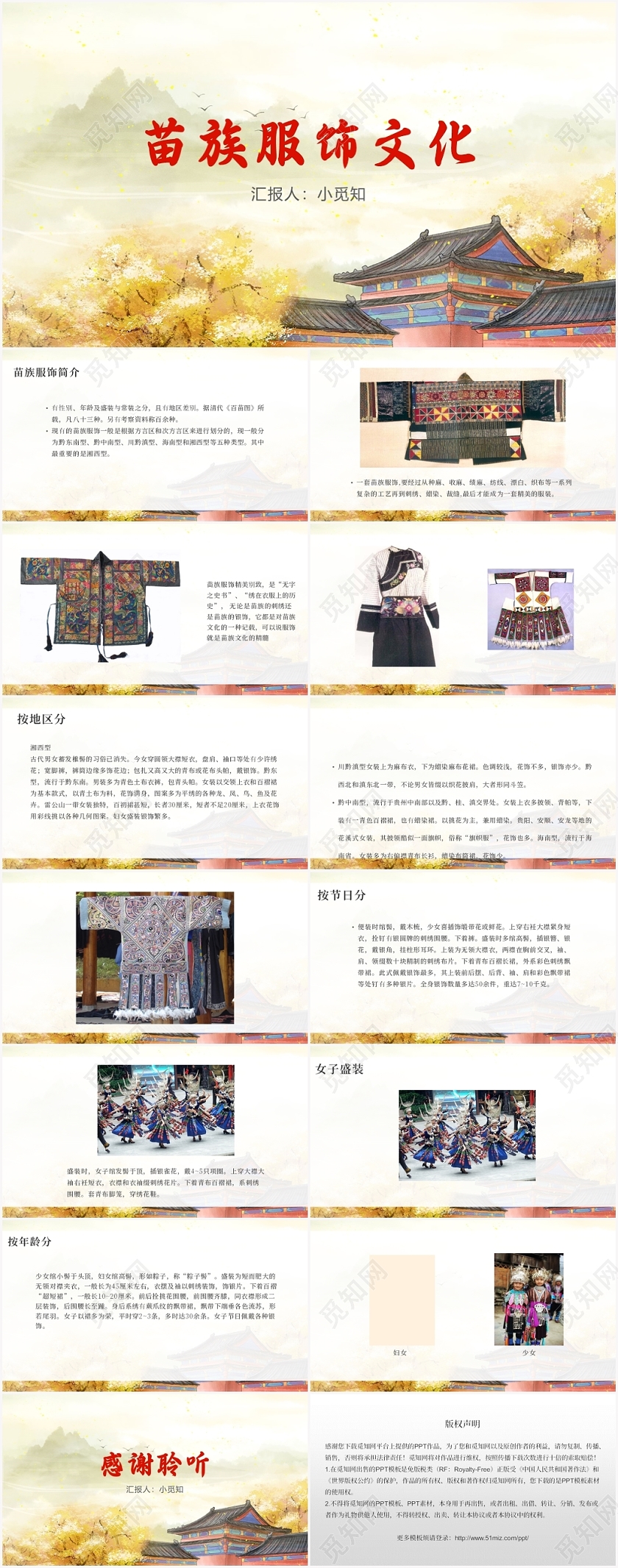 黄色卡通风苗族苗族服饰文化PPT模板苗族ppt