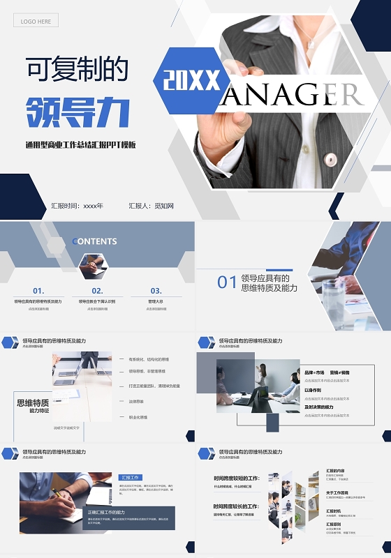 商务蓝色简约大气可复制的领导力企业培训内训动态PPT模板