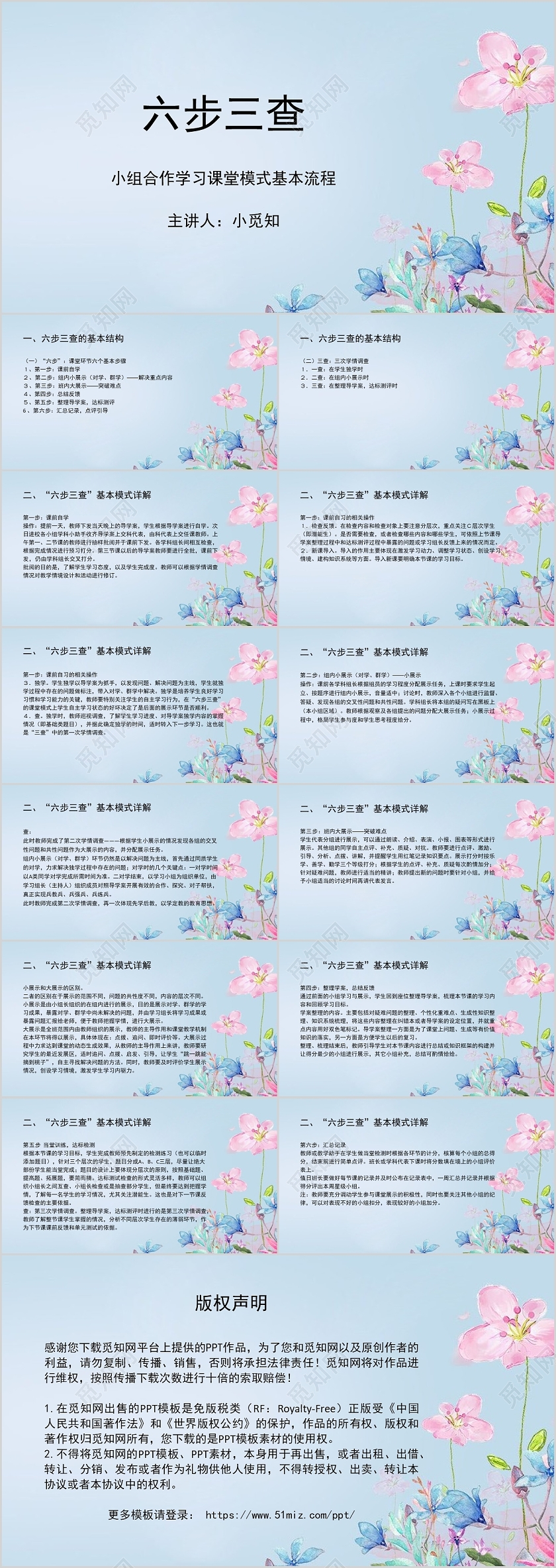 蓝色小清新风课件六步三查小组合作PPT模板