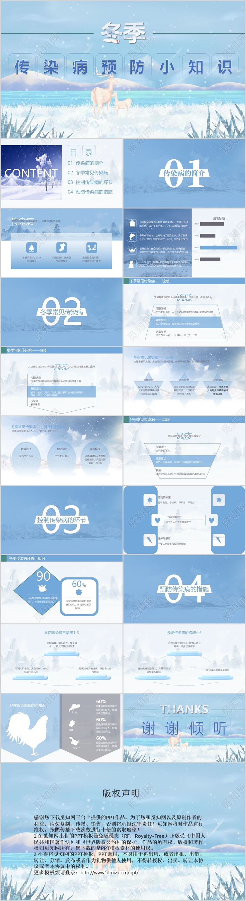 蓝色唯美风格秋季常见传染病预防小知识安全教育PPT模板冬季传染病预防