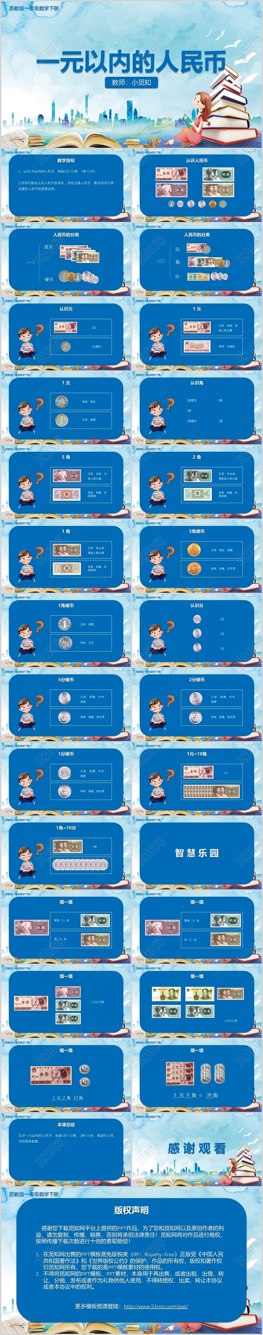蓝色风卡通风数学风教学风认识人民币PPT模板人民币ppt