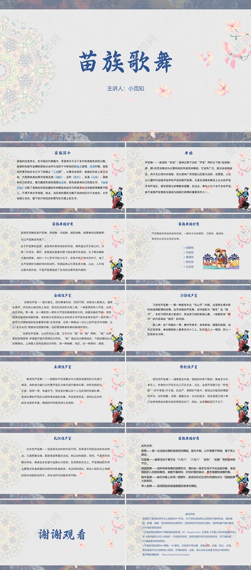 蓝色中国风苗族歌舞苗族少数民族文化习俗PPT模板苗族ppt