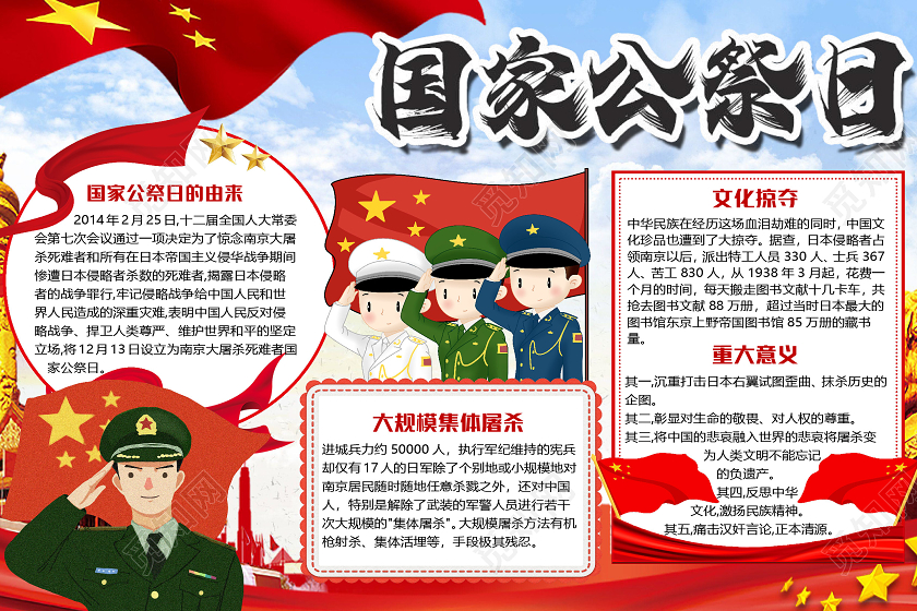 简约卡通国家公祭日南京大屠杀小报手抄报word模板