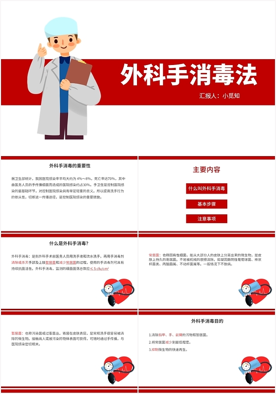 红色卡通风外科护理查房外科手消毒法PPT模板