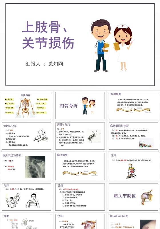 紫色简约风上肢骨关节损伤PPT模板上肢骨折护理查房
