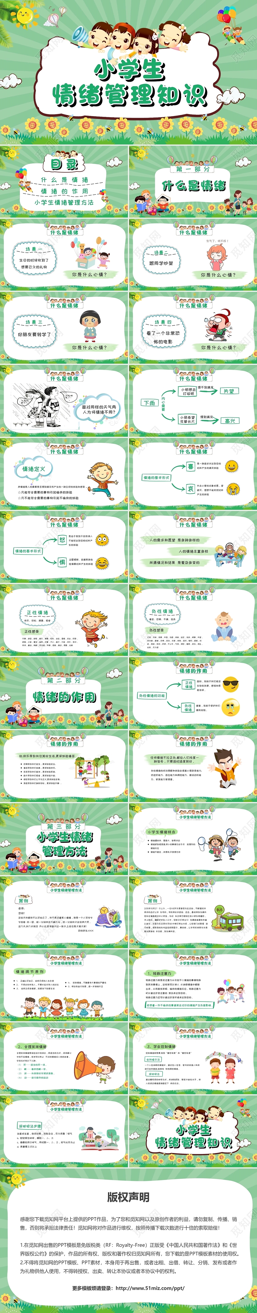 绿色可爱卡通小学生情绪管理知识PPT模板