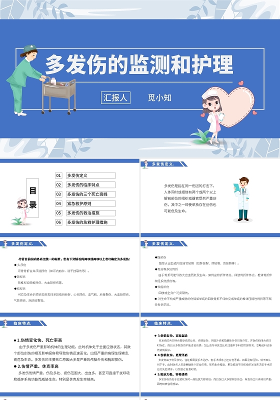 蓝色卡通插画风格多发伤护理查房医疗汇报说课PPT