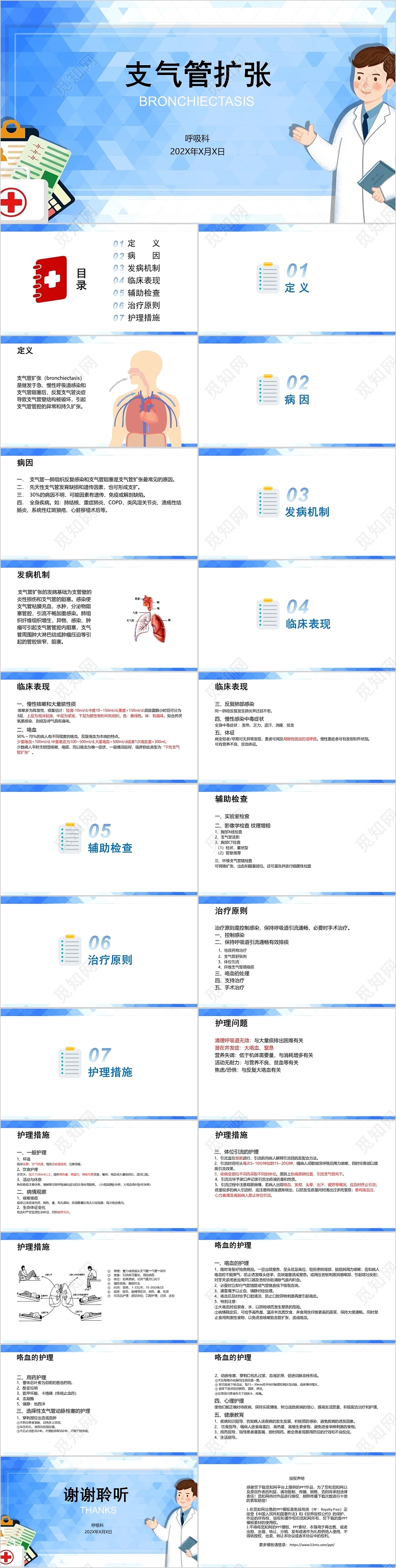 蓝色医疗支气管扩张护理培训PPT模板支气管扩张ppt