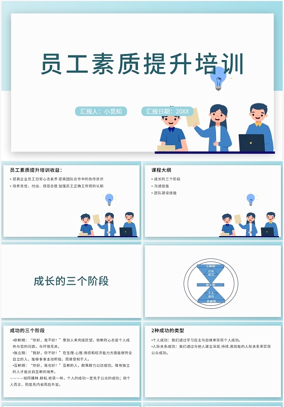 蓝色卡通风员工培训员工素质提升培训PPT模板