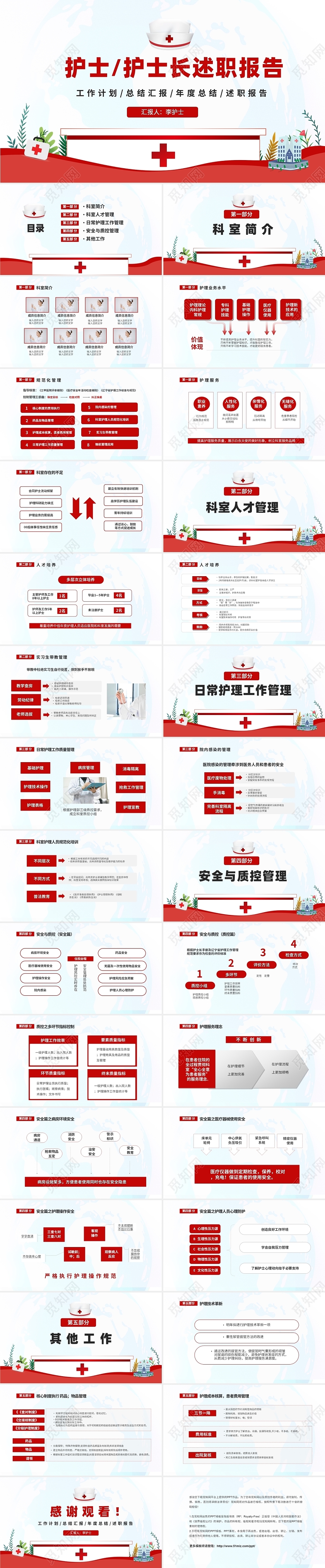 红色简约医生护士护士长个人述职报告工作总结PPT