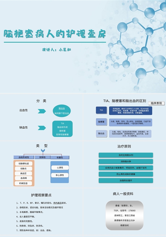 蓝色简约风说课课件脑梗塞病人的护理查房ppt模板脑梗塞护理查房ppt