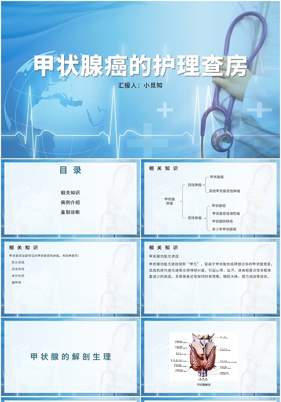 蓝色简约风甲状腺甲状腺癌的护理查房PPT模板