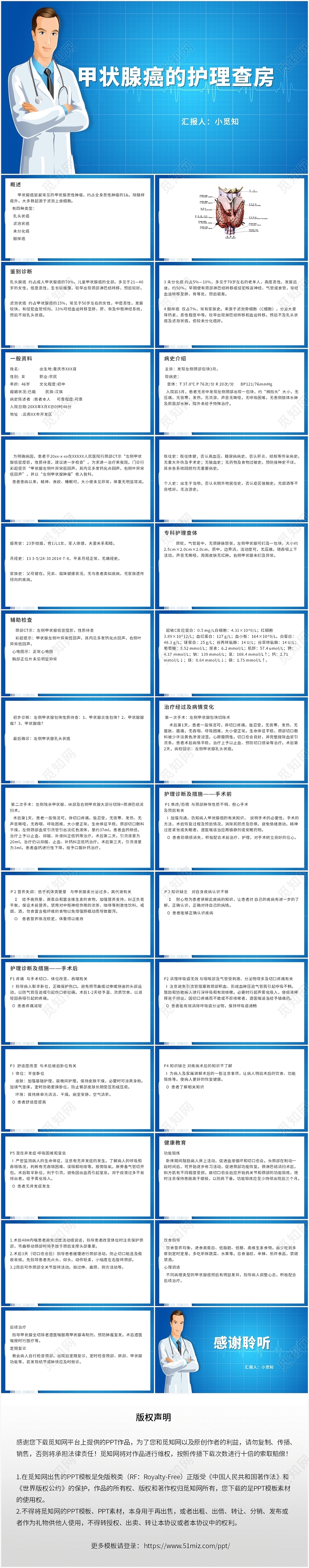 蓝色卡通风甲状腺甲状腺癌的护理查房PPT模板