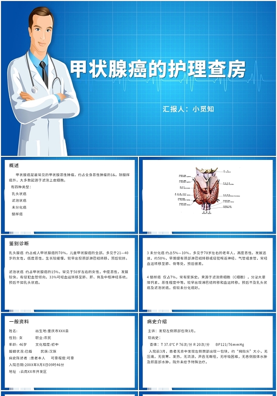 蓝色卡通风甲状腺甲状腺癌的护理查房PPT模板