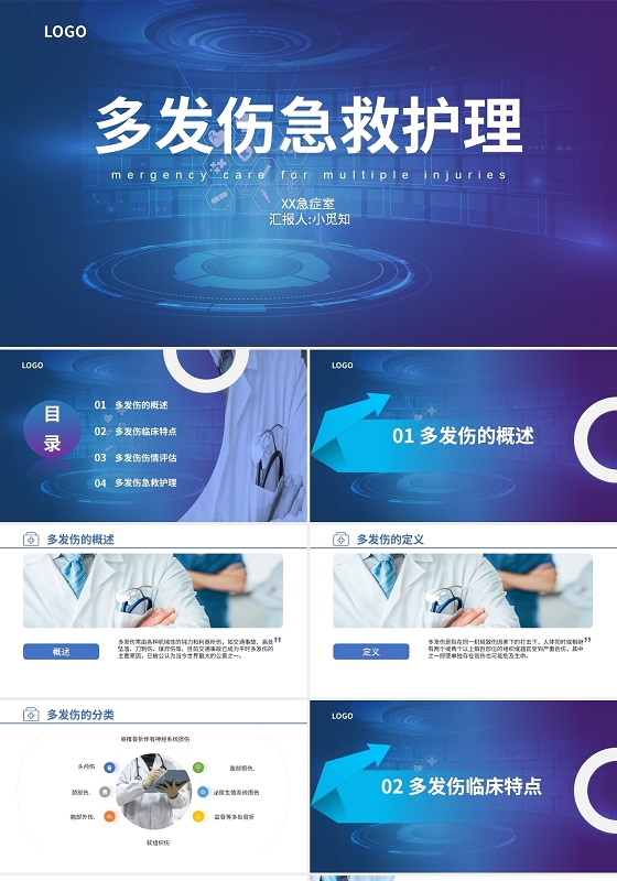 蓝色商务风简约风护理工作工作总结PPT模板多发伤护理查房