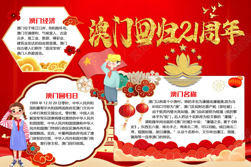 红色大气澳门回归21周年小报手抄报word模板