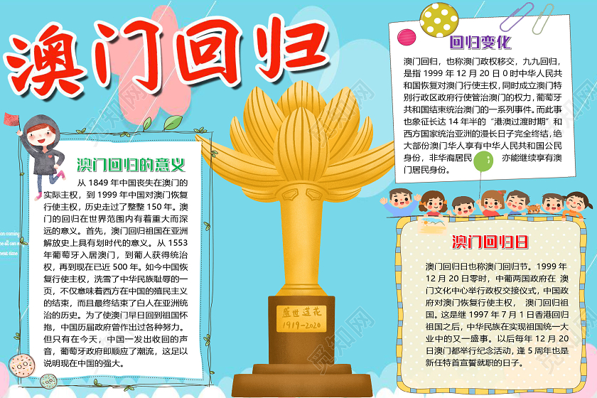 蓝色简约澳门回归21周年小报手抄报word模板