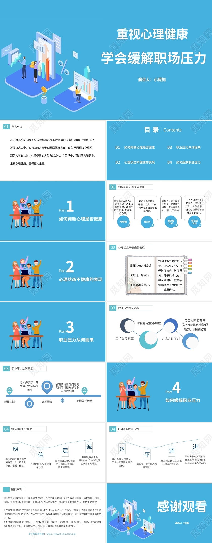 蓝色商务风说课课件学会缓解职场压力PPT模板心理压力