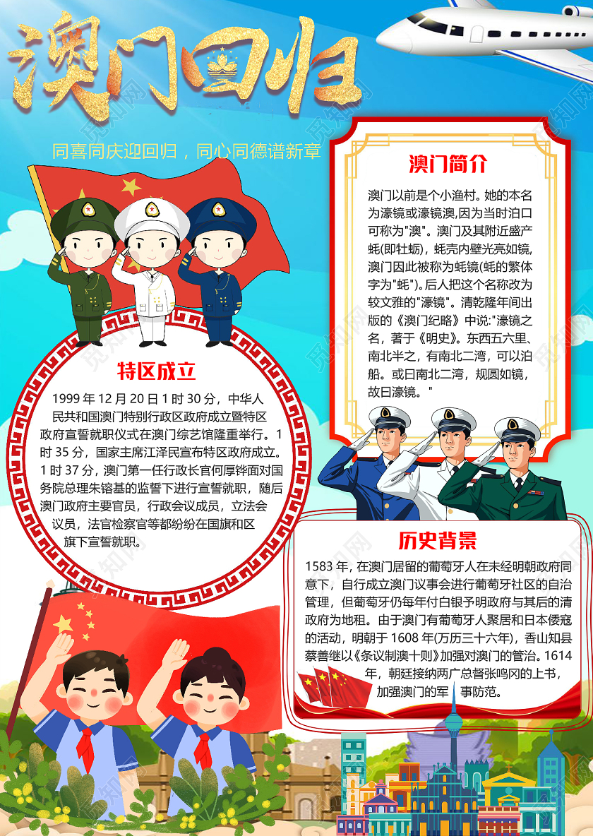 蓝色竖版卡通澳门回归21周年小报手抄报word模板