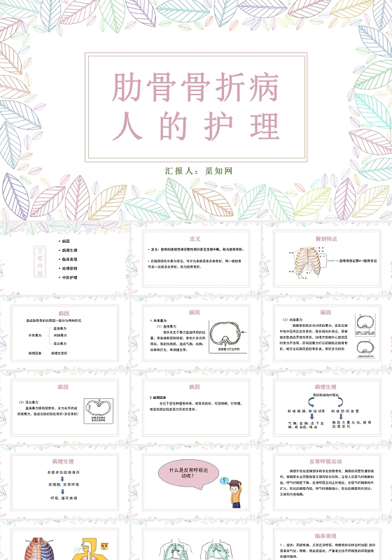 粉色简约风肋骨骨折病人的护理PPT模板多发伤护理查房