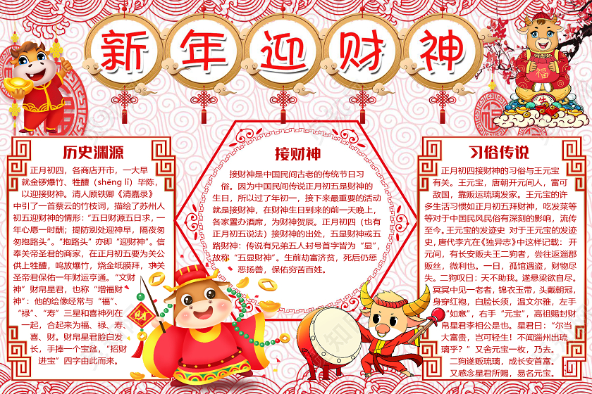 简约剪纸风新年迎财神春节新年牛年小报手抄报word模板