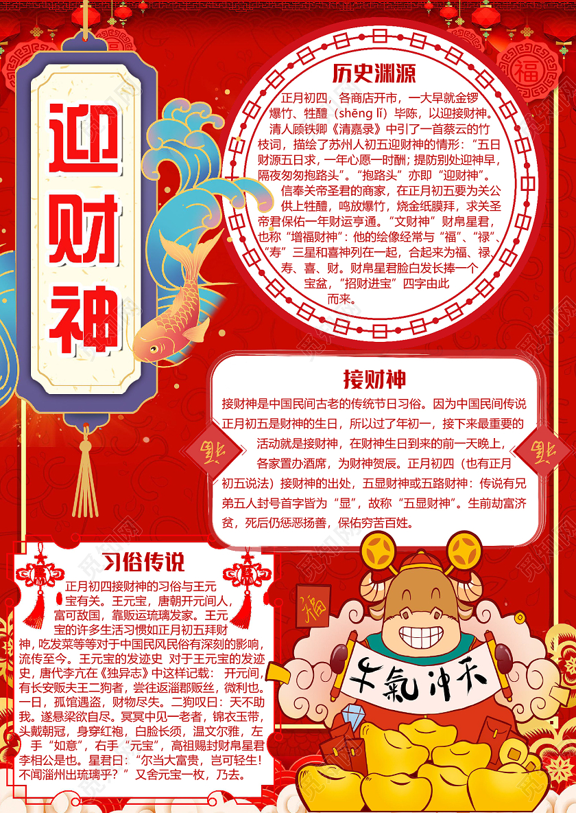 红色中国风竖版迎财神春节新年牛年小报手抄报word模板