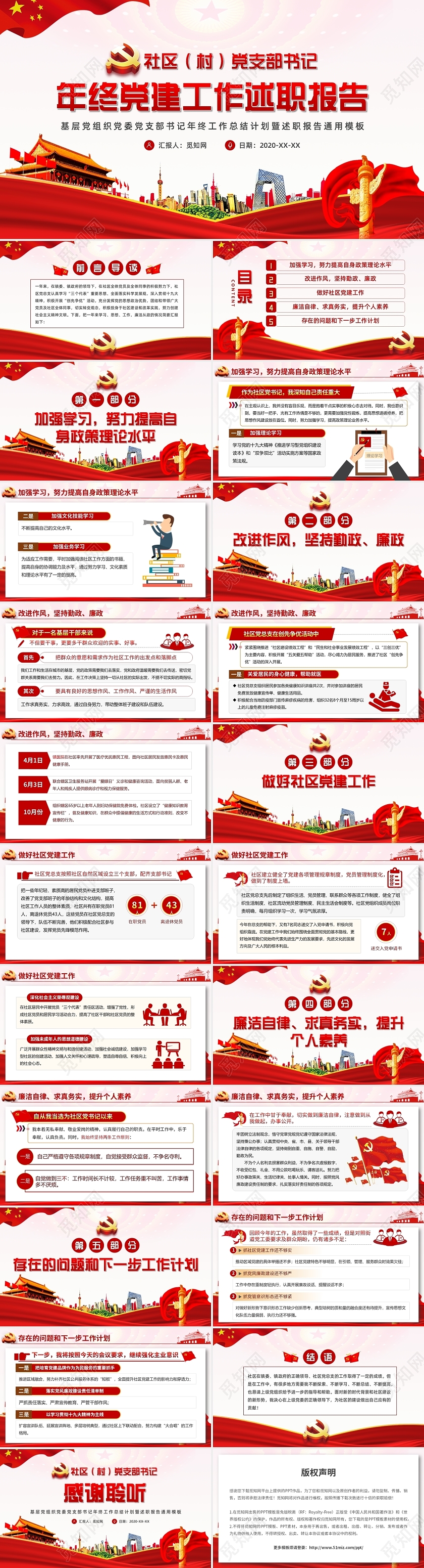 党建社区党支部书记年终党建工作述职报告党建PPT模板党支部书记述职