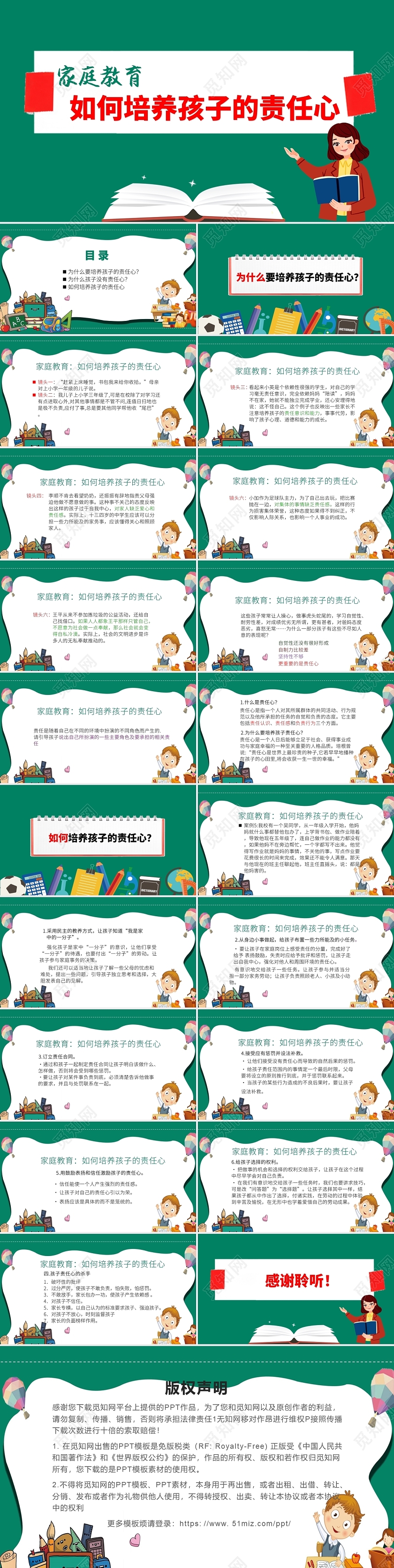 墨绿色卡通风如何培养孩子责任心家庭教育PPT家庭教育培训讲座课件