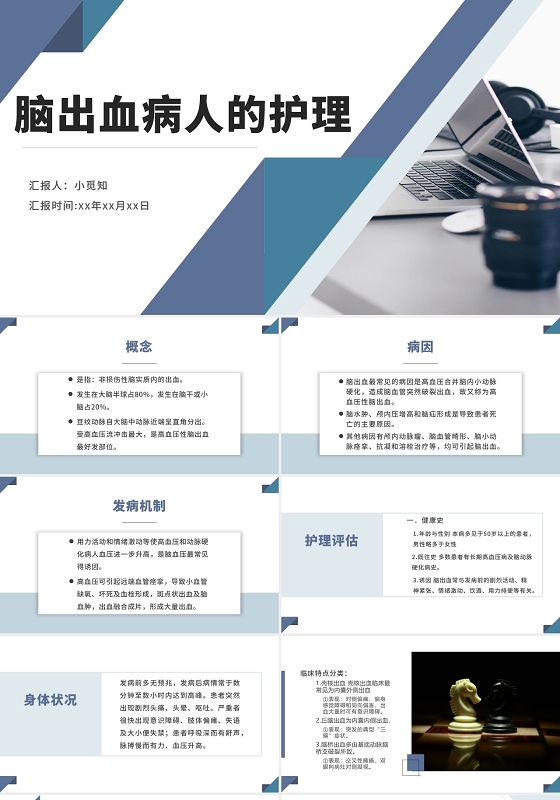 蓝灰色简约清晰医学护理脑出血病人的护理脑出血护理查房