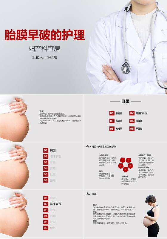 红色简约胎膜问题早期处理护理课件ppt胎膜早破护理查房