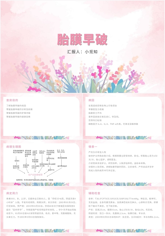 粉色卡通风胎膜早破护理查房胎膜早破PPT模板