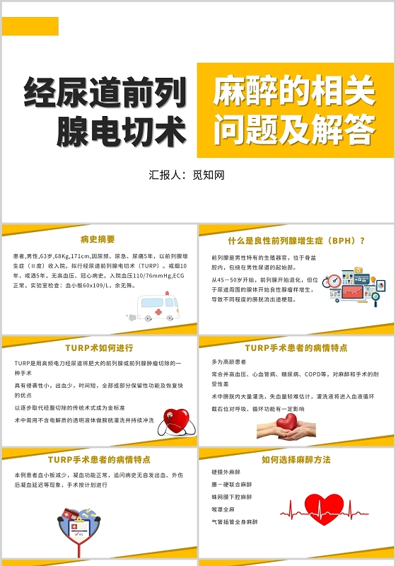 黄色简约风经尿道前列腺电切术麻醉的相关问题及解答PPT前列腺电切护理查房