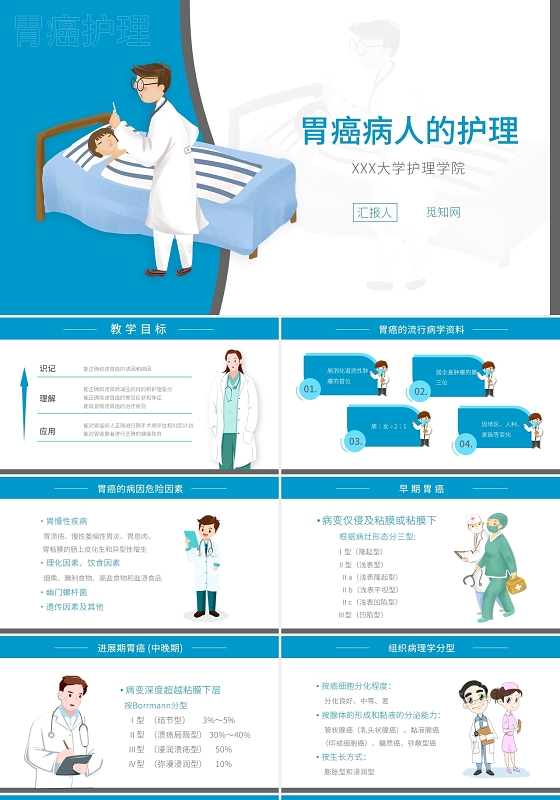 蓝色卡通插画风格胃癌护理查房医疗说课医疗类PPT