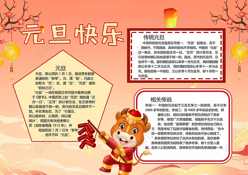 卡通元旦节日2021牛年灯笼鞭炮热闹小报