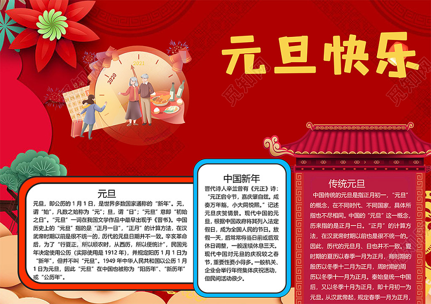 卡通元旦节日2021牛年灯笼鞭炮热闹小报