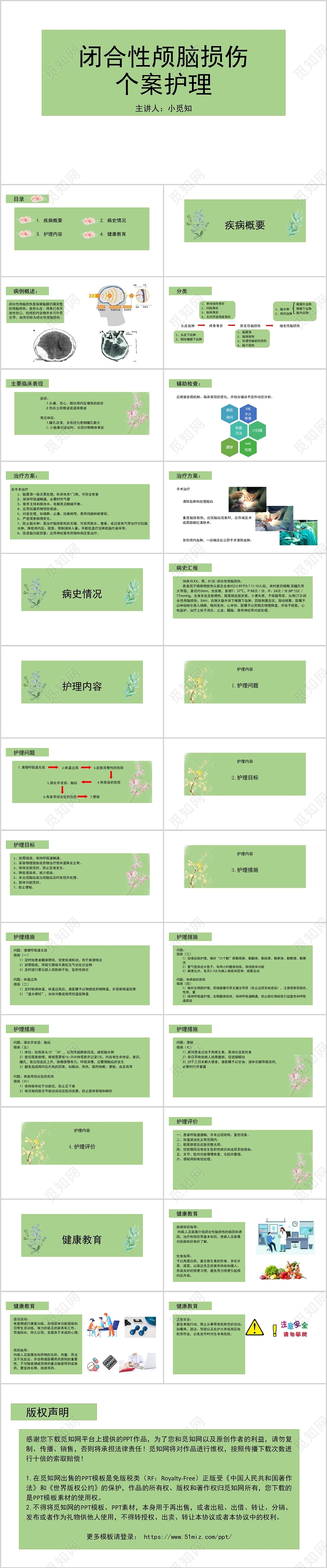 绿色小清新风闭合性颅脑损伤护理查房PPT模板