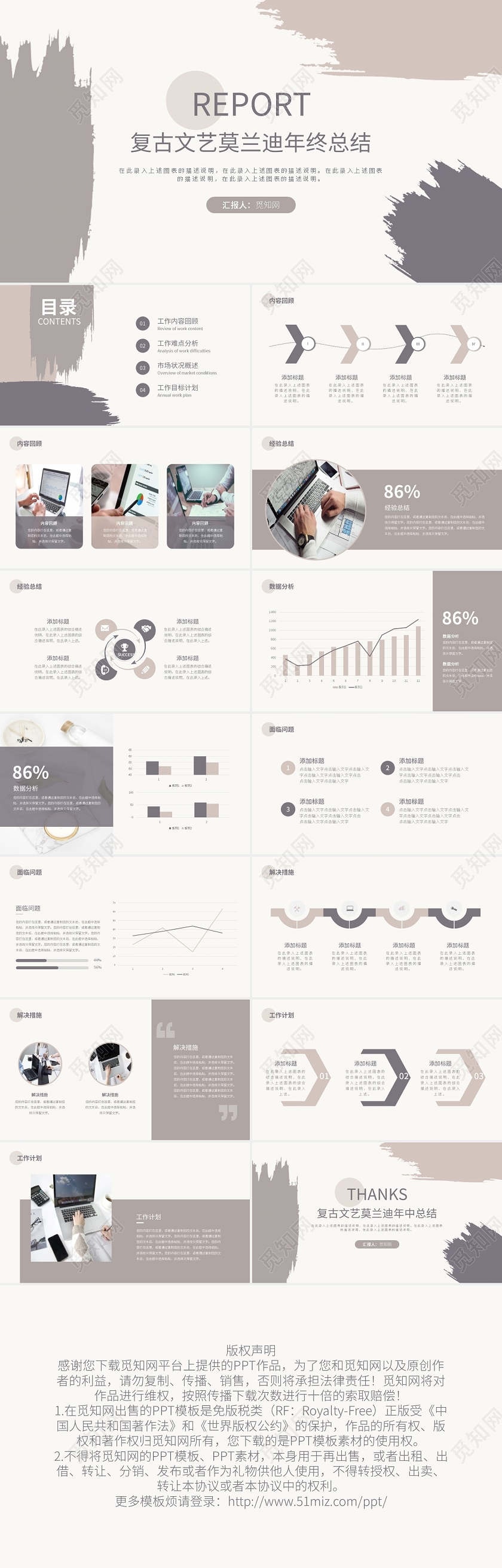 复古文艺莫兰迪年终总结PPT模板宣传PPT动态PPT莫兰迪工作总结