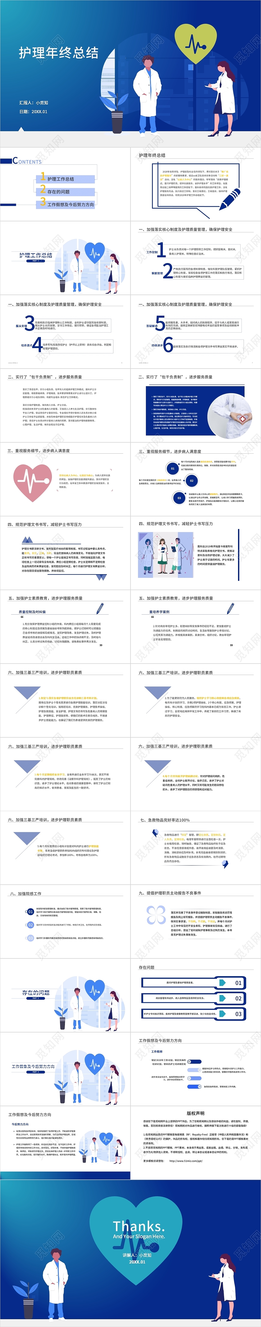 商务风卡通风蓝色风扁平风护理风护理工作总结PPT模板护理年终工作总结