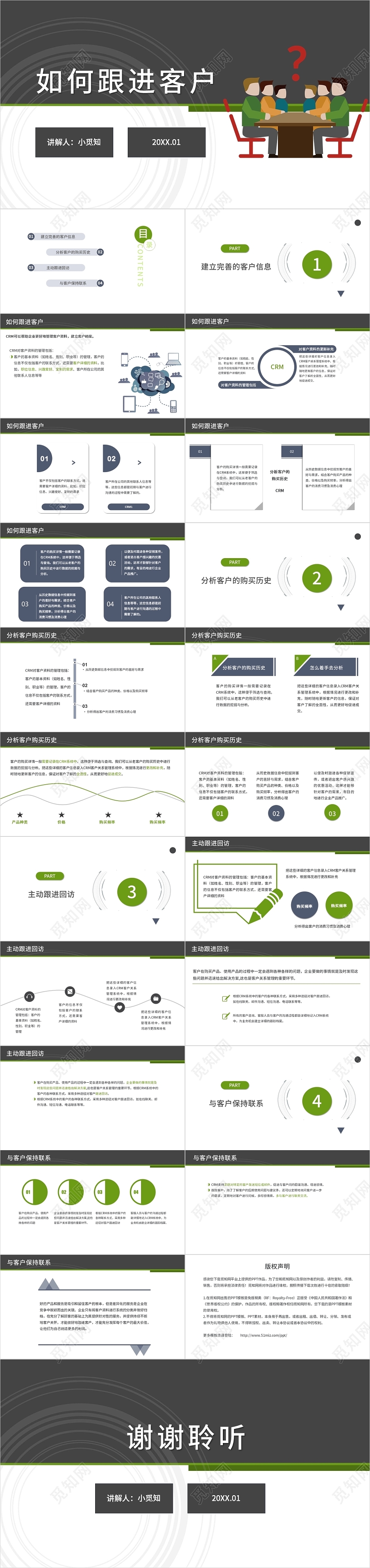 扁平风几何风撞色风卡通风商务风灰绿色销售课程PPT模板销售培训课程