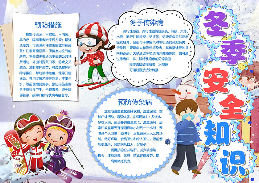 卡通冬季安全知识预防措施冬季传染病感冒保暖滑雪小报冬季寒假安全