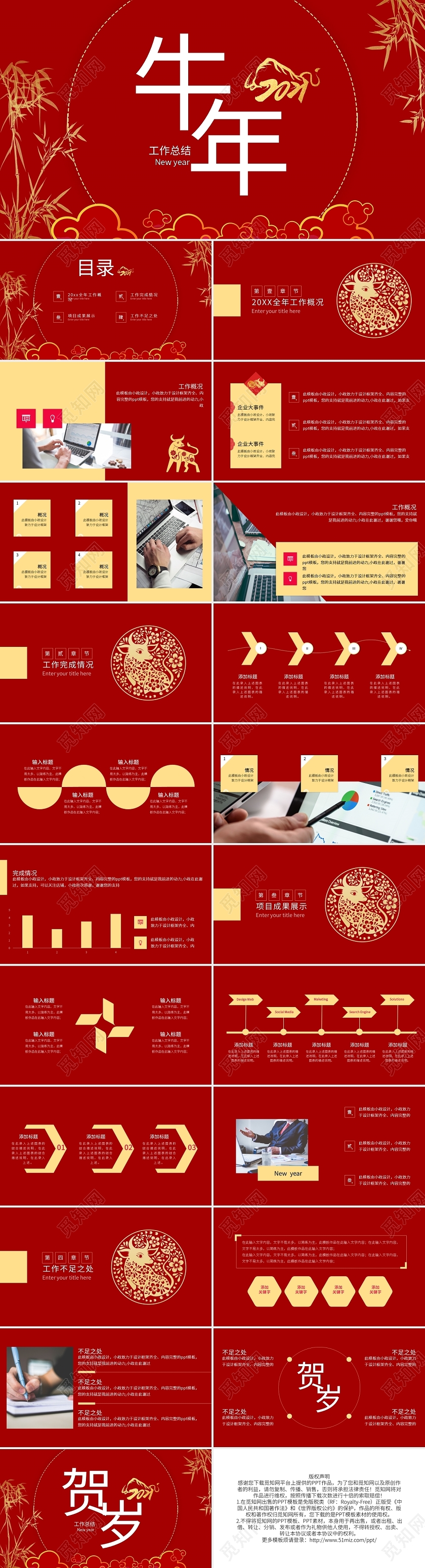 红色2021牛年工作总结PPT模板宣传PPT动态PPT