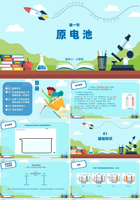 蓝绿色简约卡通化学课件原电池ppt模板