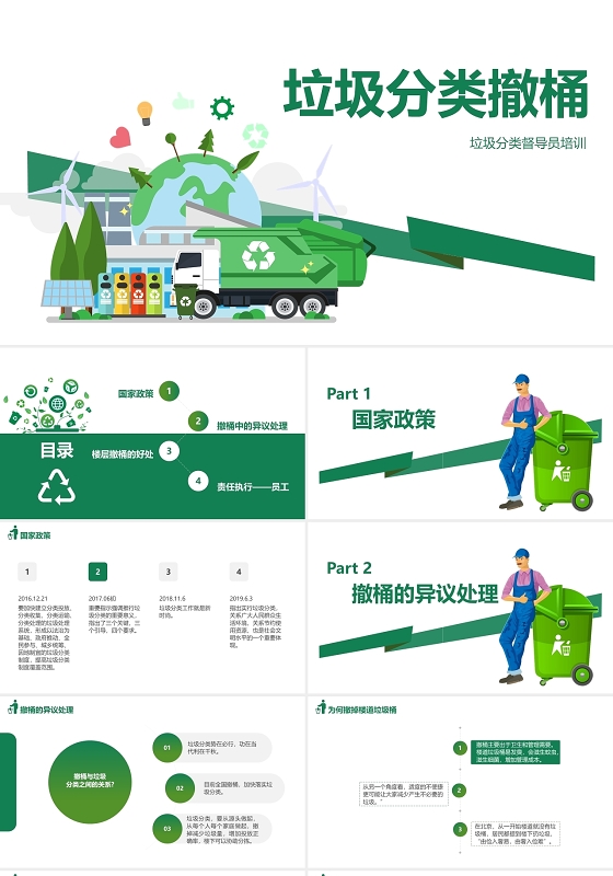 绿色简约垃圾分类撤桶企业员工培训课件ppt垃圾分类督导员培训