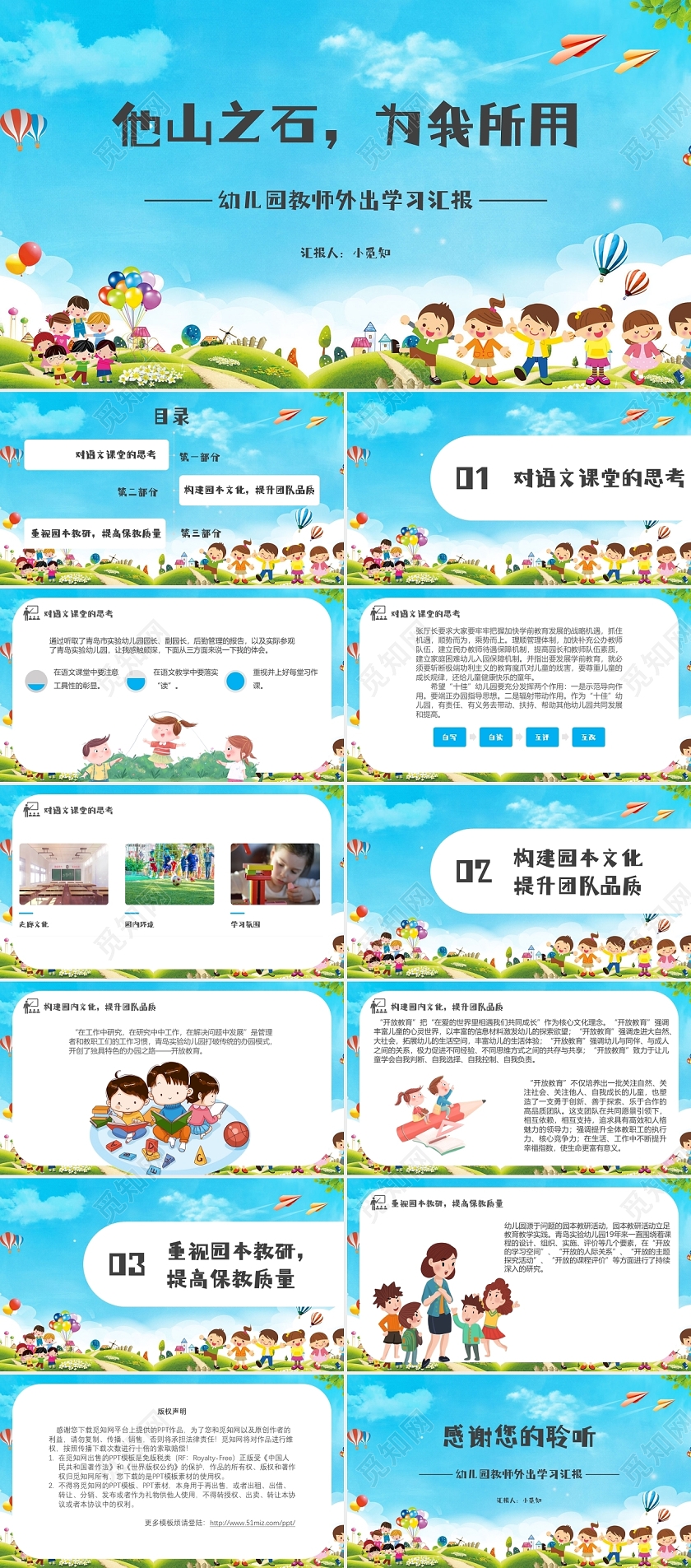 蓝色简约幼儿园教师外出学习汇报总结ppt教师外出培训学习汇报