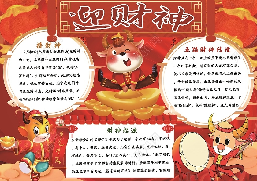 红色卡通财神到节日手抄报